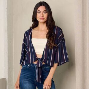 Boho Navy Blue Striped Tie Front Cropped Short Sleeve Blouse Top Trendy